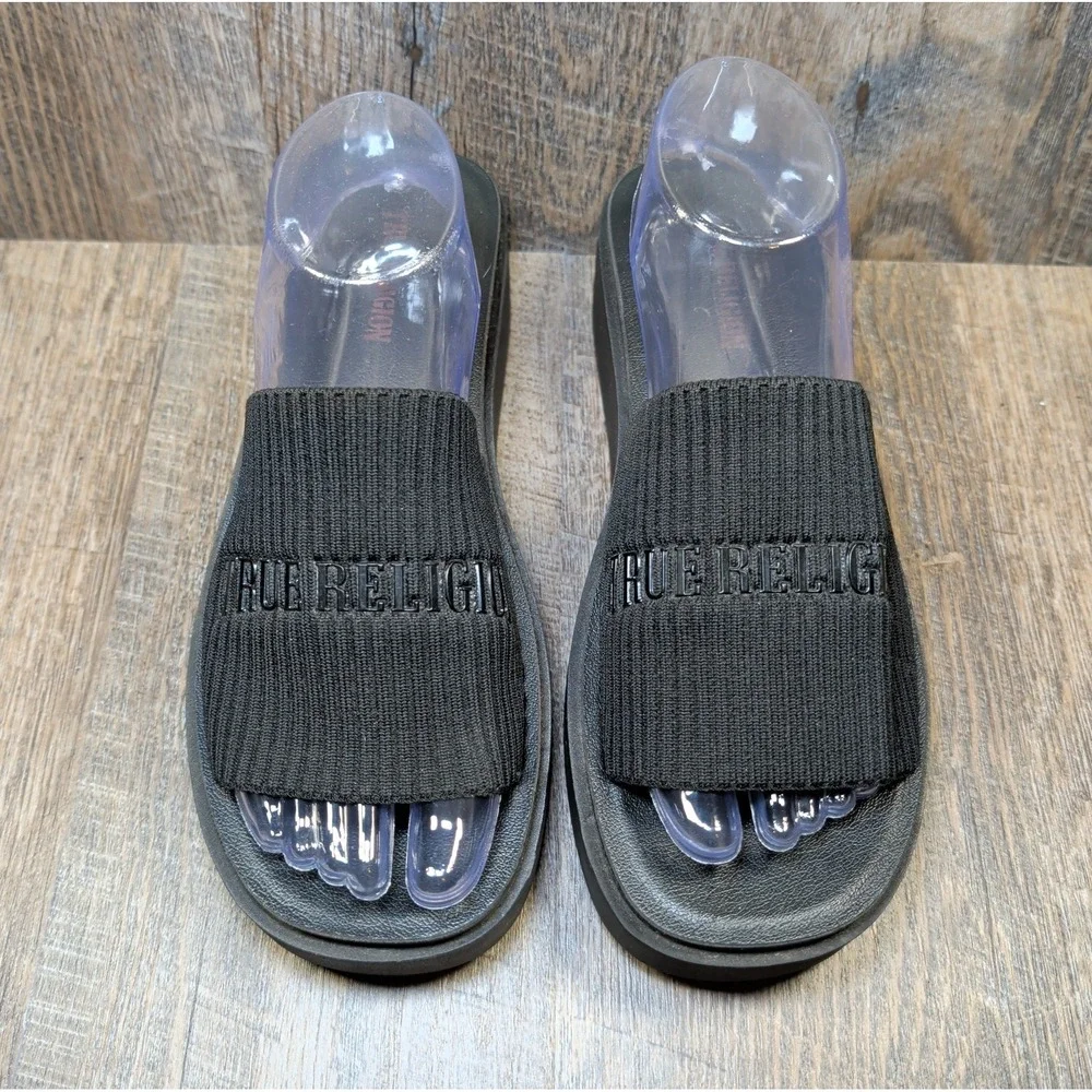 True Religion Jann Black Slip On Platform Open Toe Sandals Womens Size 8